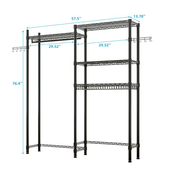 Double-Layer Adjustable Clothes Rack with Shelves and Hooks