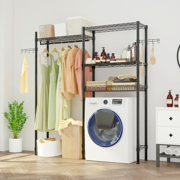 Double-Layer Adjustable Clothes Rack with Shelves and Hooks