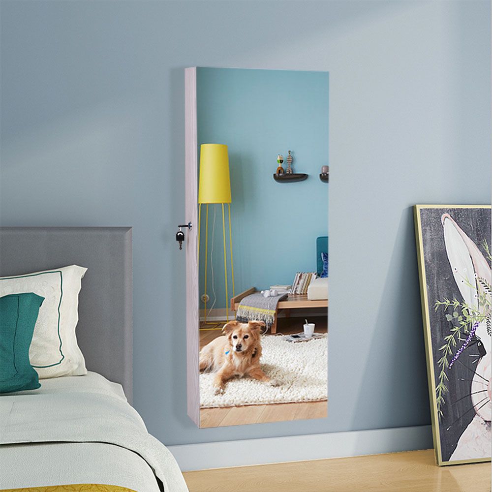 Wall-Mounted Mirrored Jewelry Cabinet With a Locking Door