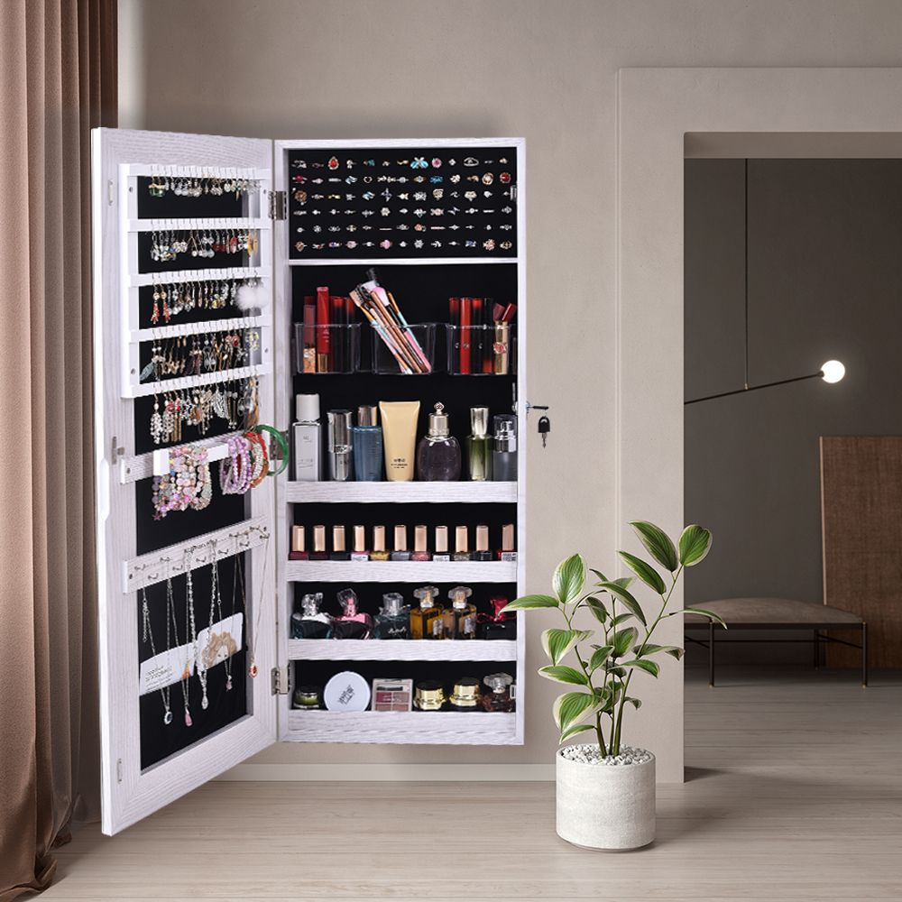 Wall-Mounted Mirrored Jewelry Cabinet With a Locking Door