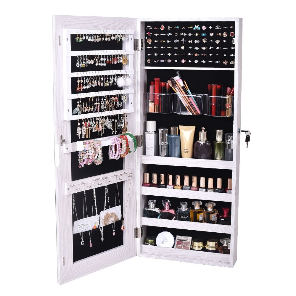 Wall-Mounted Mirrored Jewelry Cabinet With a Locking Door