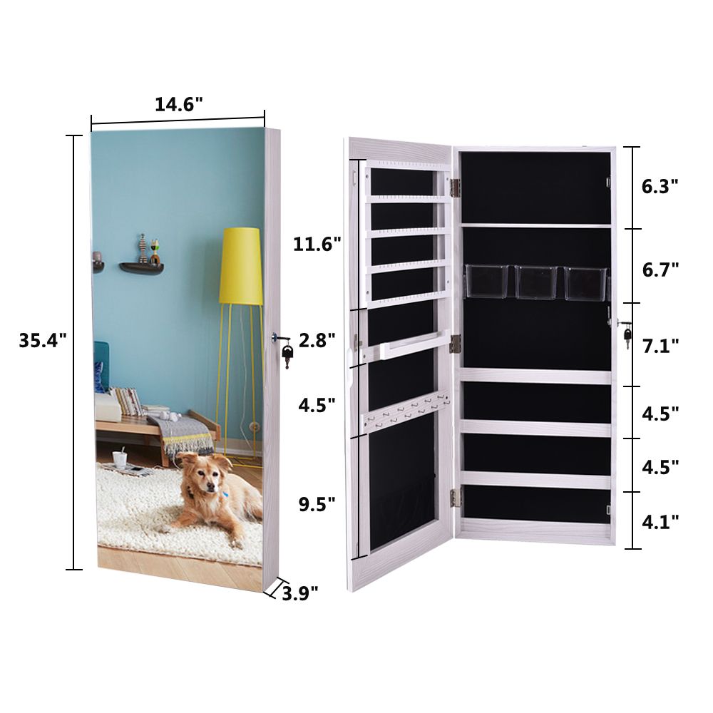 Wall-Mounted Mirrored Jewelry Cabinet With a Locking Door