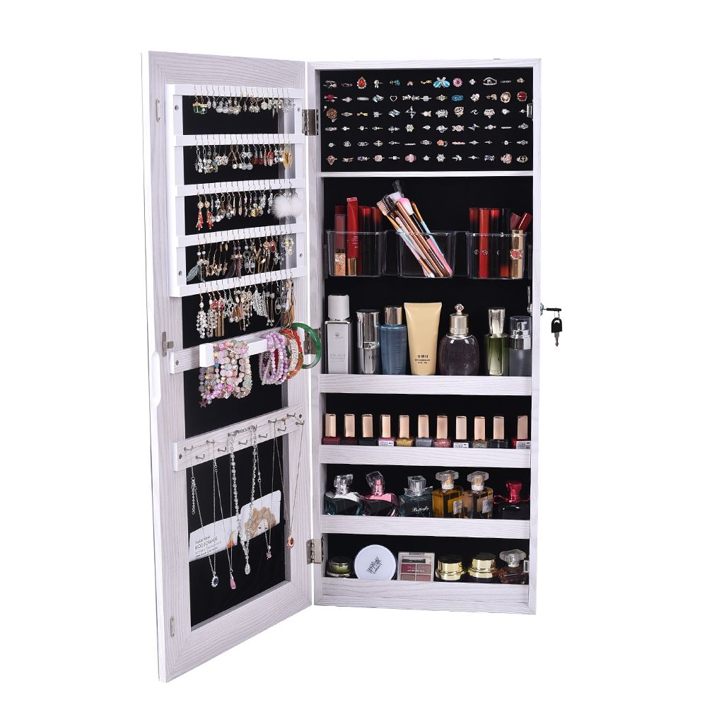 Wall-Mounted Mirrored Jewelry Cabinet With a Locking Door