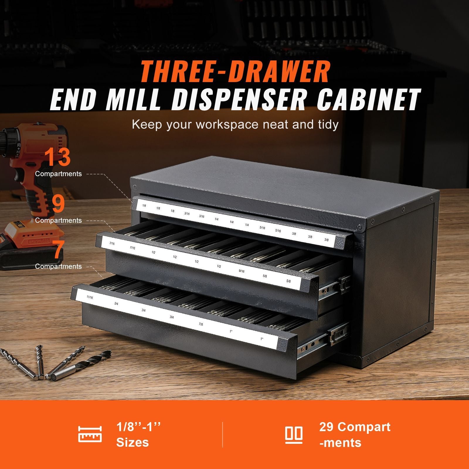 29-Compartment End Mill Organizer Cabinet with Labeled Drawers