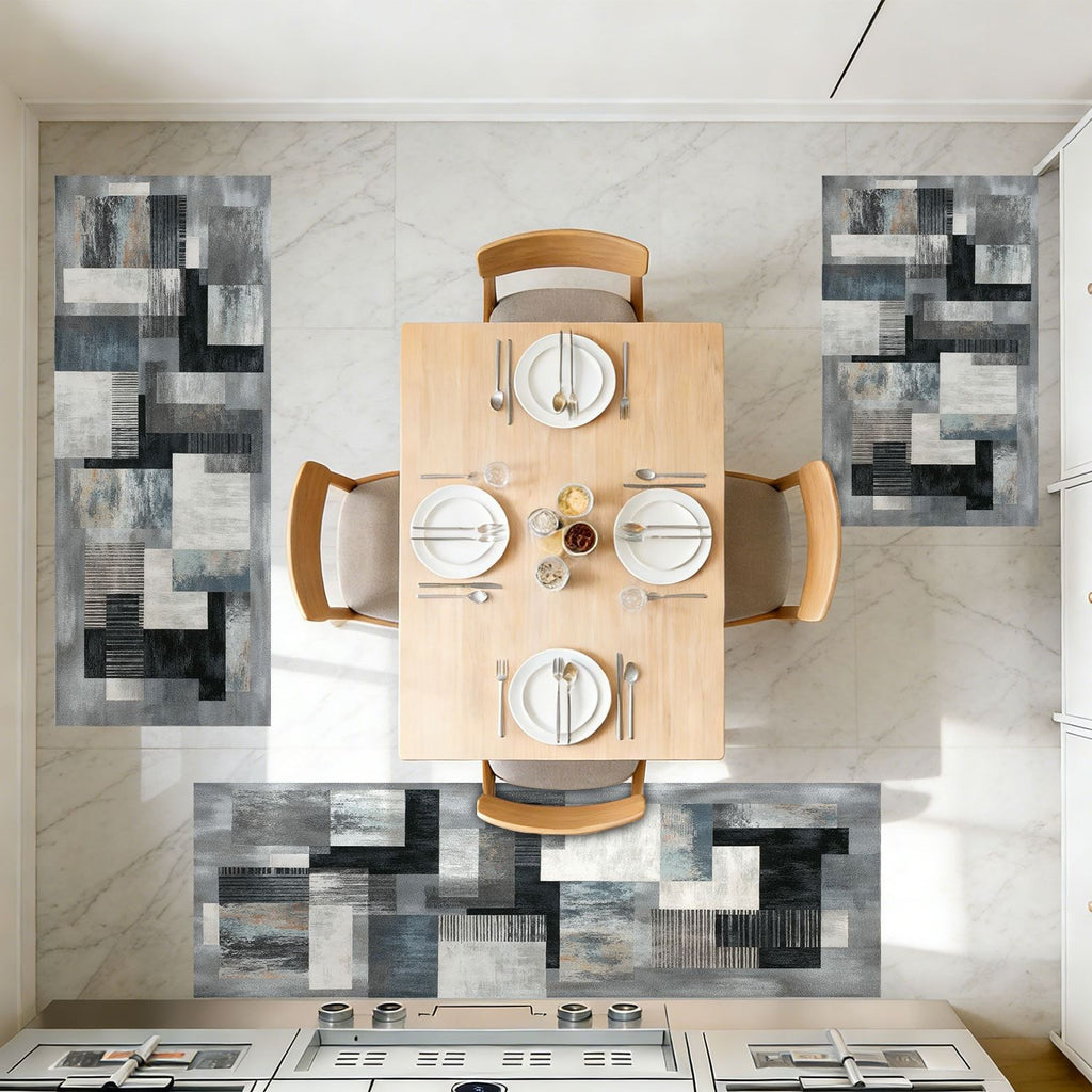 Abstract Washable Kitchen and Hallway Rug Set