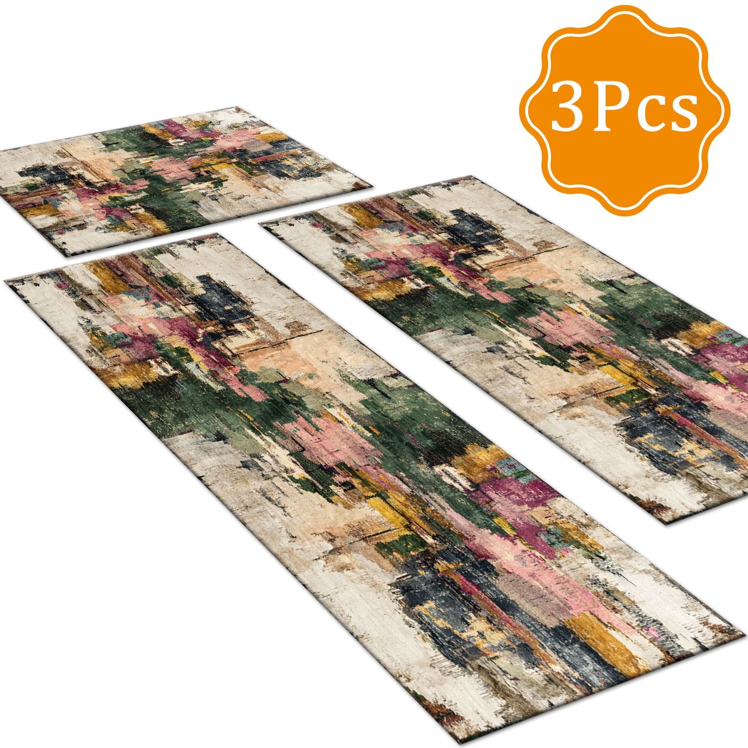 Three-Piece Farmhouse Kitchen Rug Set – Non-Slip and Washable Abstract Pattern