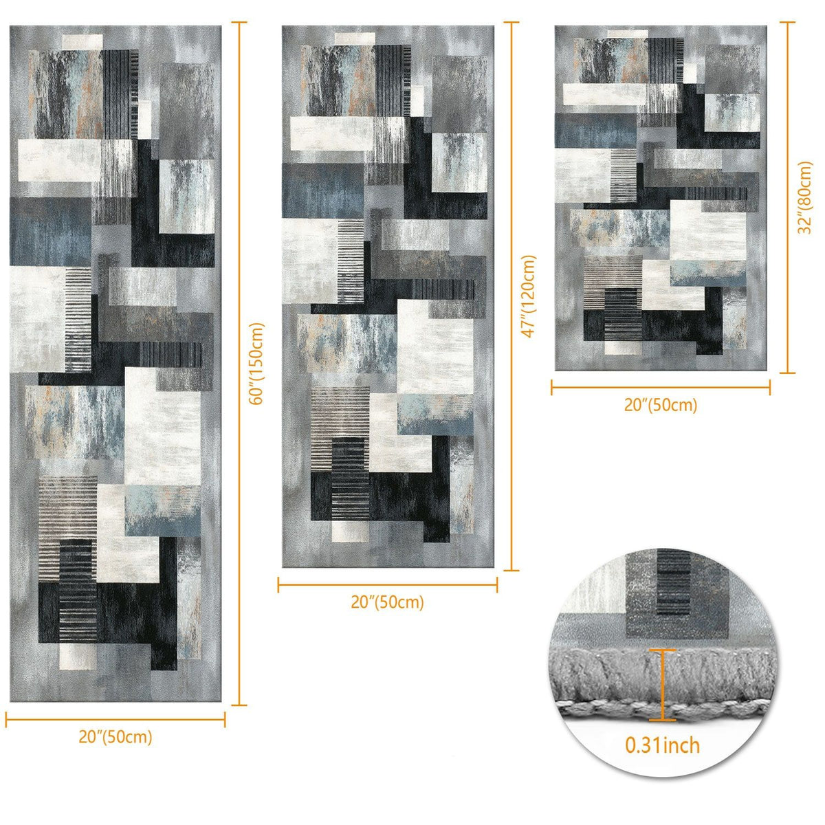 Abstract Washable Kitchen and Hallway Rug Set