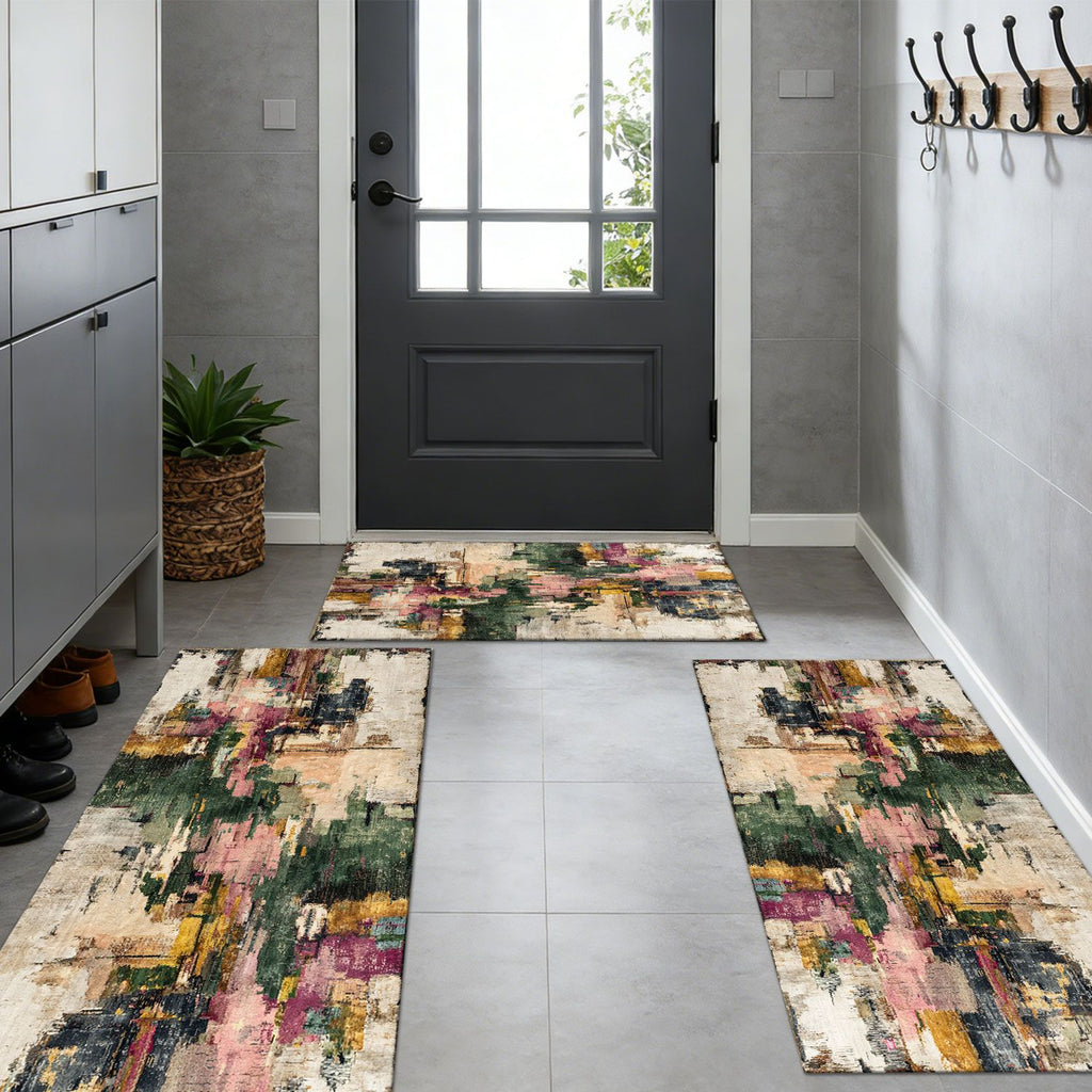 Three-Piece Farmhouse Kitchen Rug Set – Non-Slip and Washable Abstract Pattern