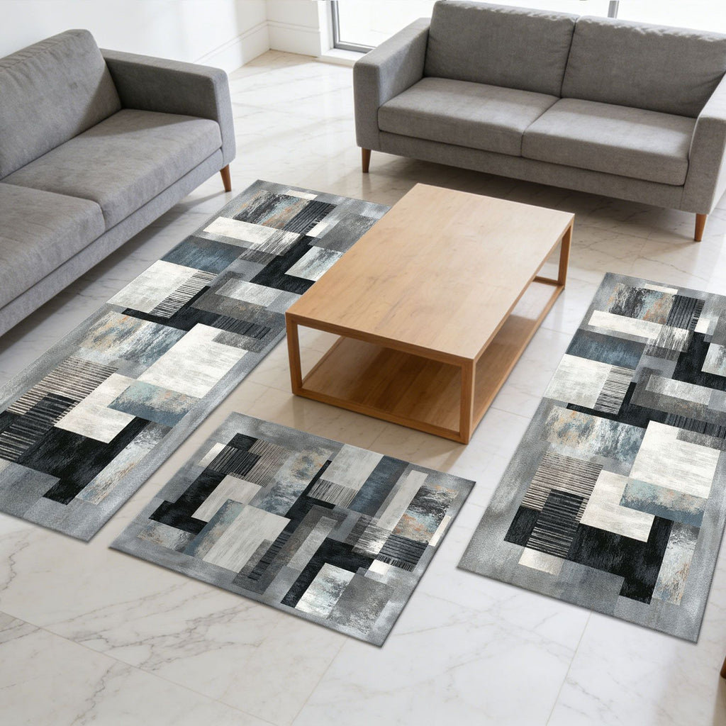 Abstract Washable Kitchen and Hallway Rug Set