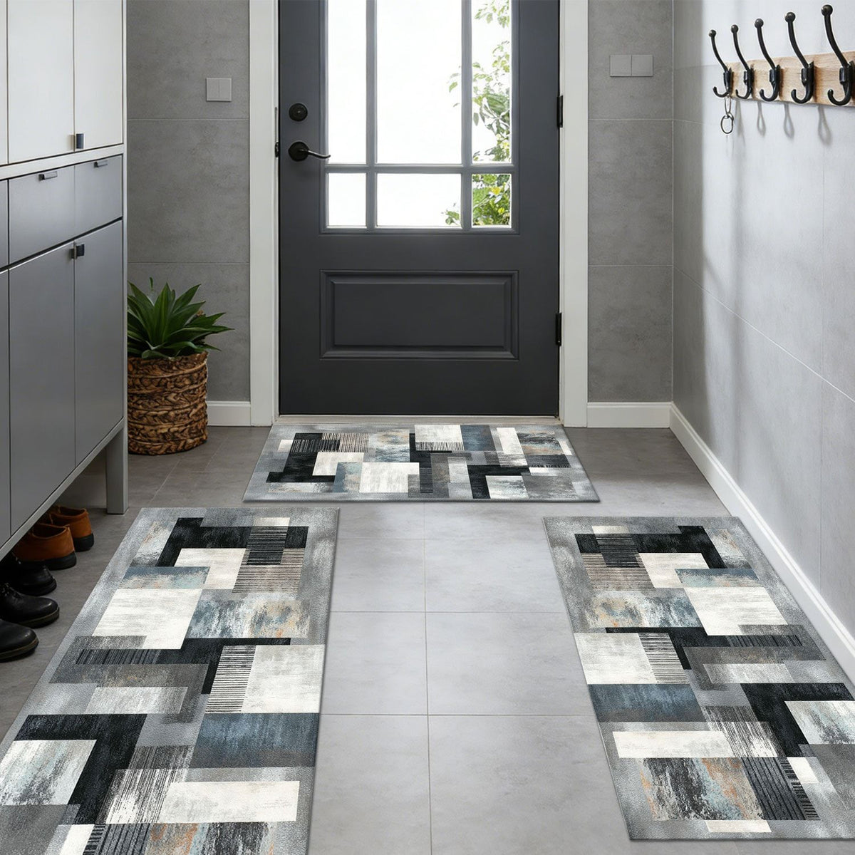 Abstract Washable Kitchen and Hallway Rug Set
