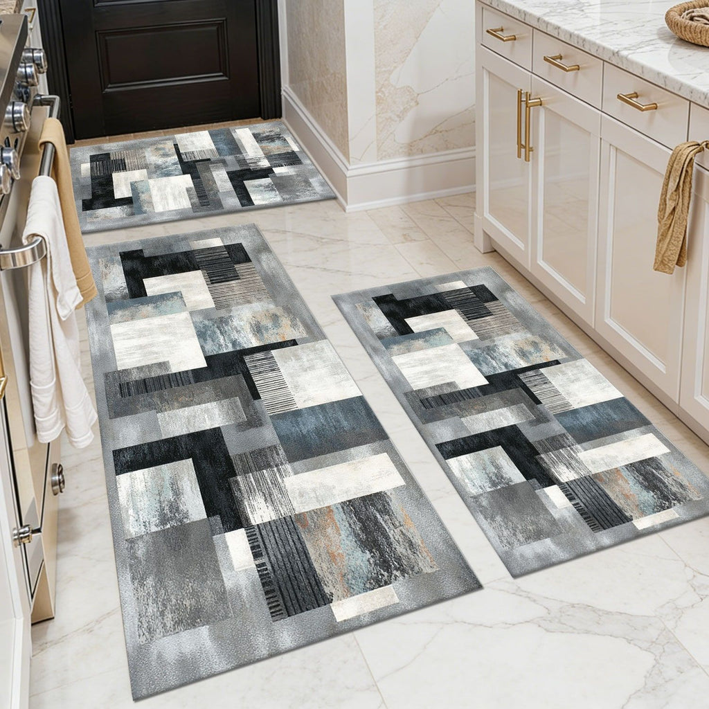 Abstract Washable Kitchen and Hallway Rug Set