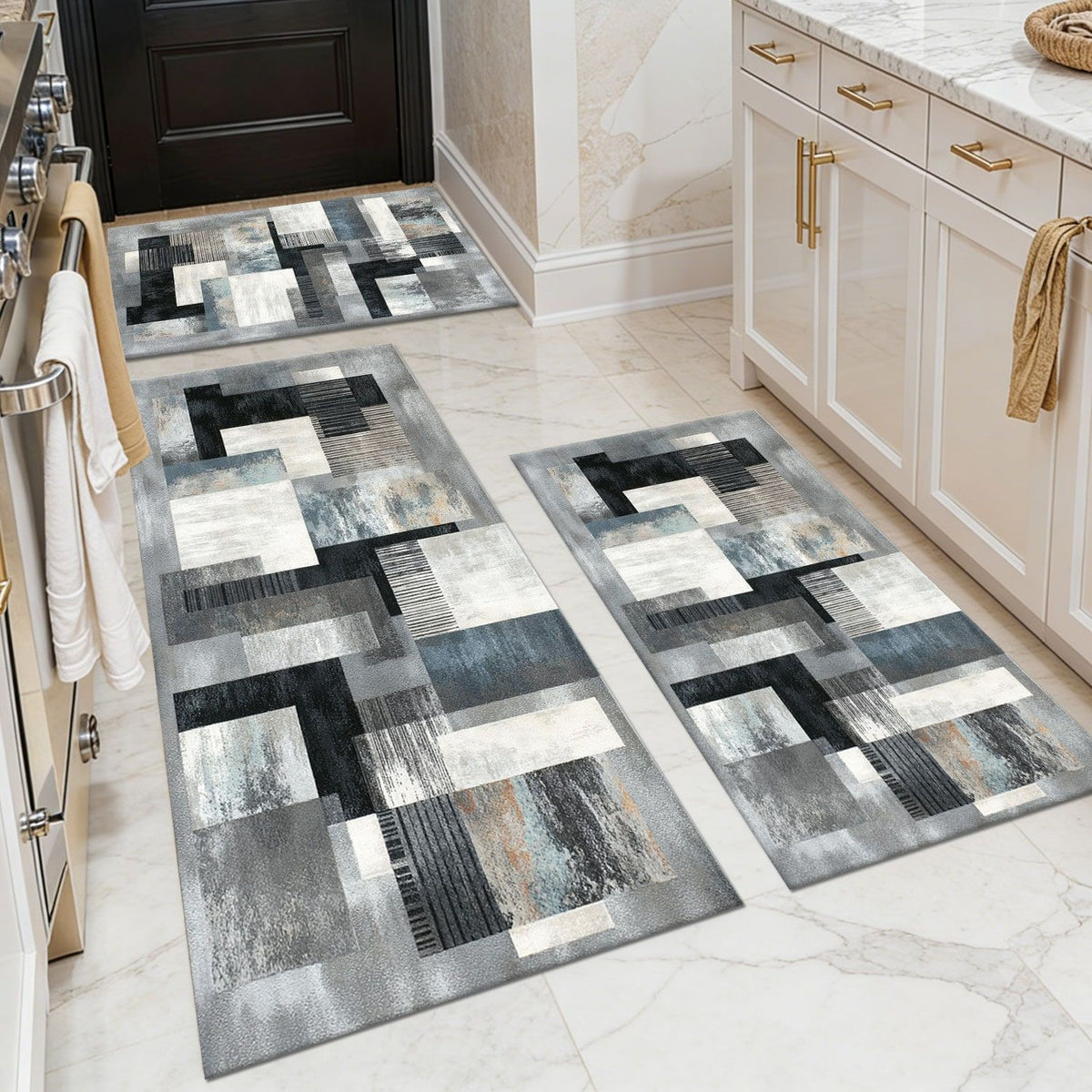 Abstract Washable Kitchen and Hallway Rug Set