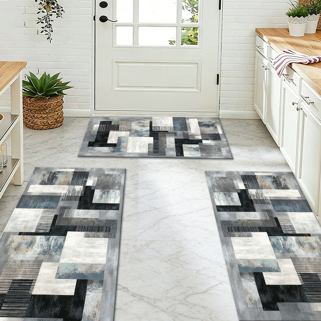 Abstract Washable Kitchen and Hallway Rug Set