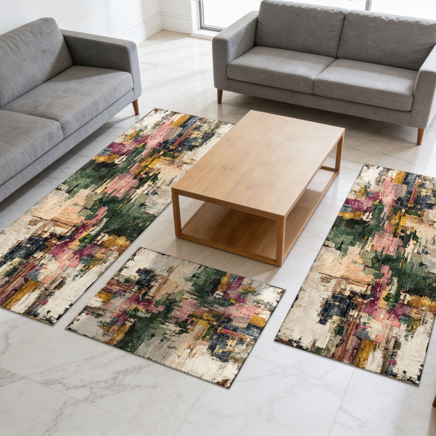 Three-Piece Farmhouse Kitchen Rug Set – Non-Slip and Washable Abstract Pattern