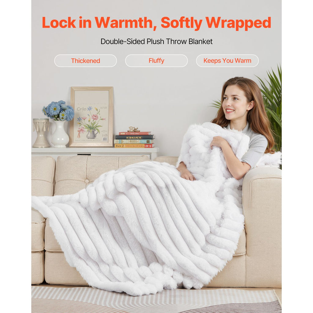 Cozy Double-Sided White Ribbed Throw Blanket