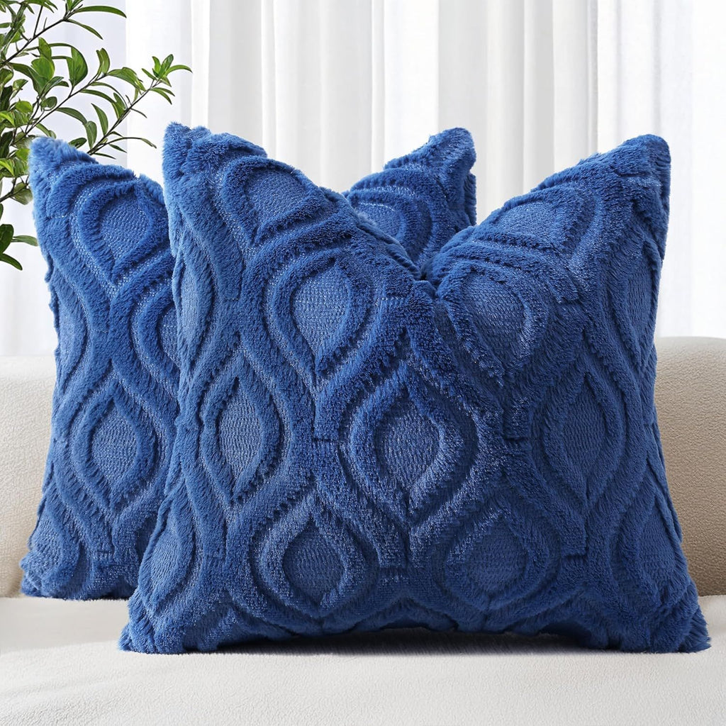 Dark Blue Plush Geometric Throw Pillow Covers