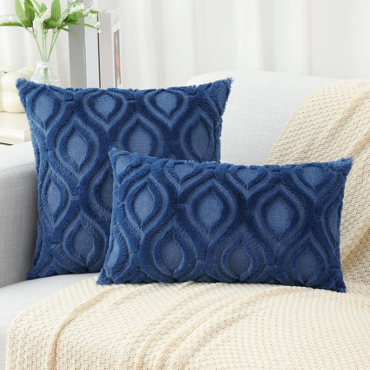 Dark Blue Plush Geometric Throw Pillow Covers