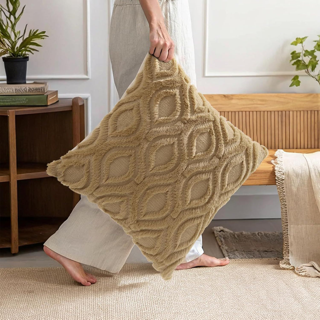Khaki Plush Throw Pillow Covers, Set of Two