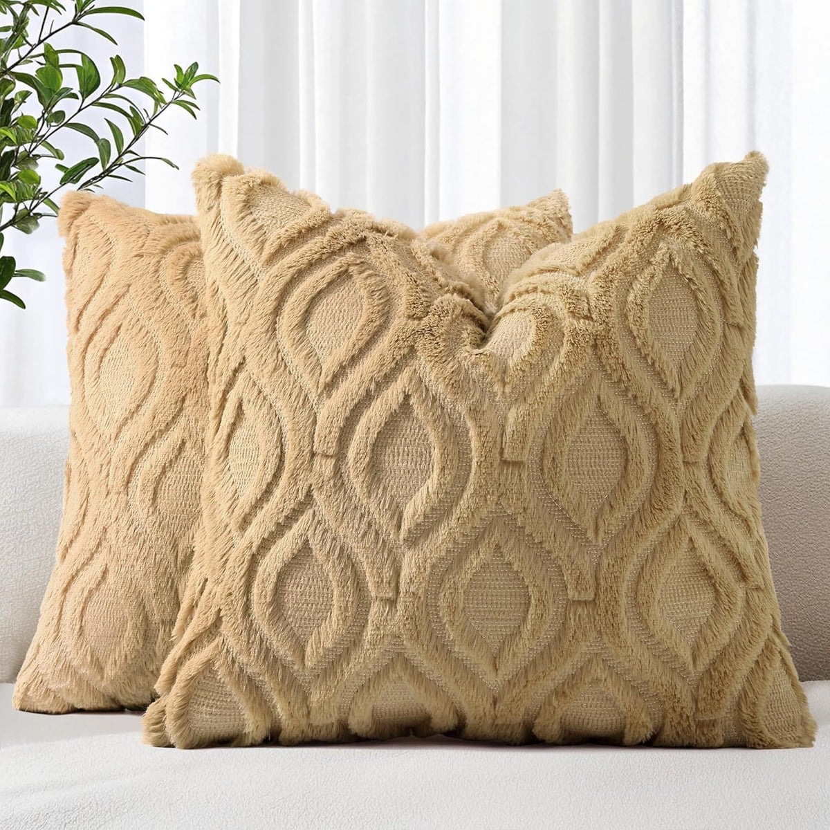 Khaki Plush Throw Pillow Covers, Set of Two