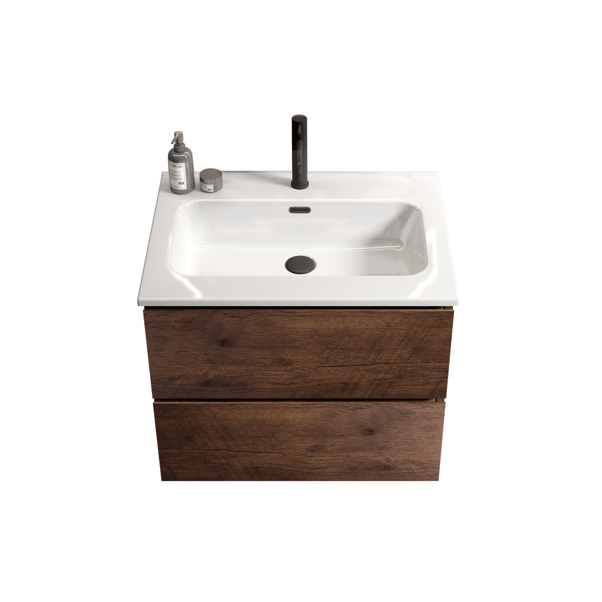24- Wall-Mounted Walnut Bathroom Vanity with Ceramic Sink and Soft-Close Drawers