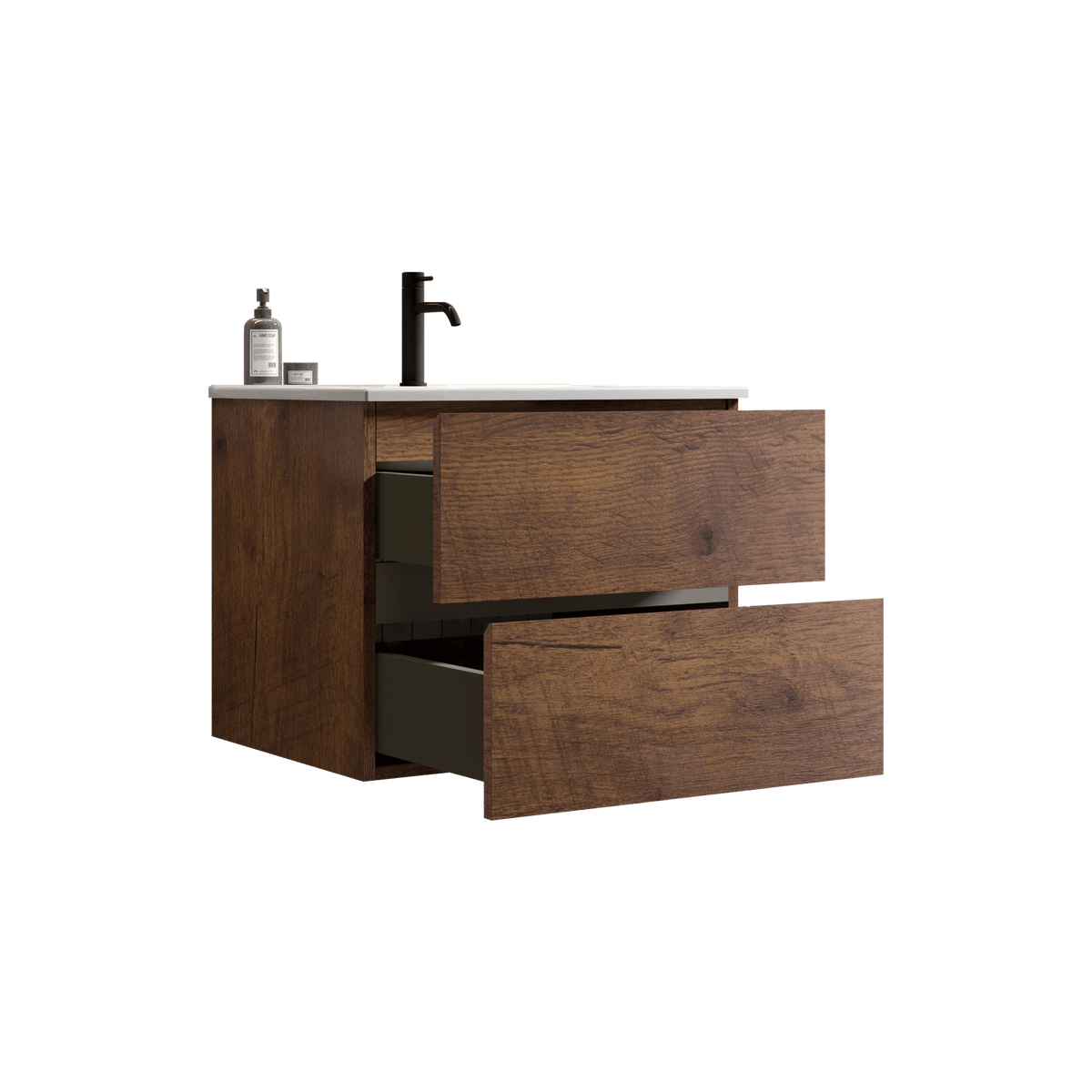 24- Wall-Mounted Walnut Bathroom Vanity with Ceramic Sink and Soft-Close Drawers