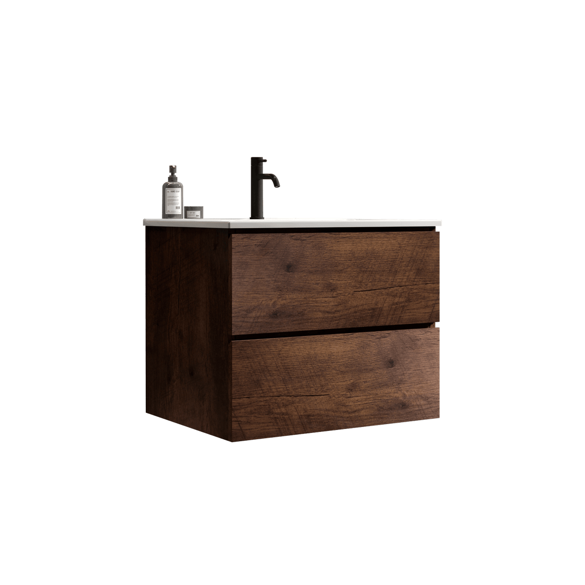 24- Wall-Mounted Walnut Bathroom Vanity with Ceramic Sink and Soft-Close Drawers