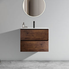 24- Wall-Mounted Walnut Bathroom Vanity with Ceramic Sink and Soft-Close Drawers