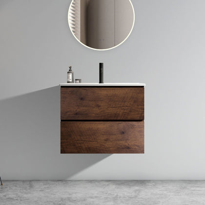 24- Wall-Mounted Walnut Bathroom Vanity with Ceramic Sink and Soft-Close Drawers