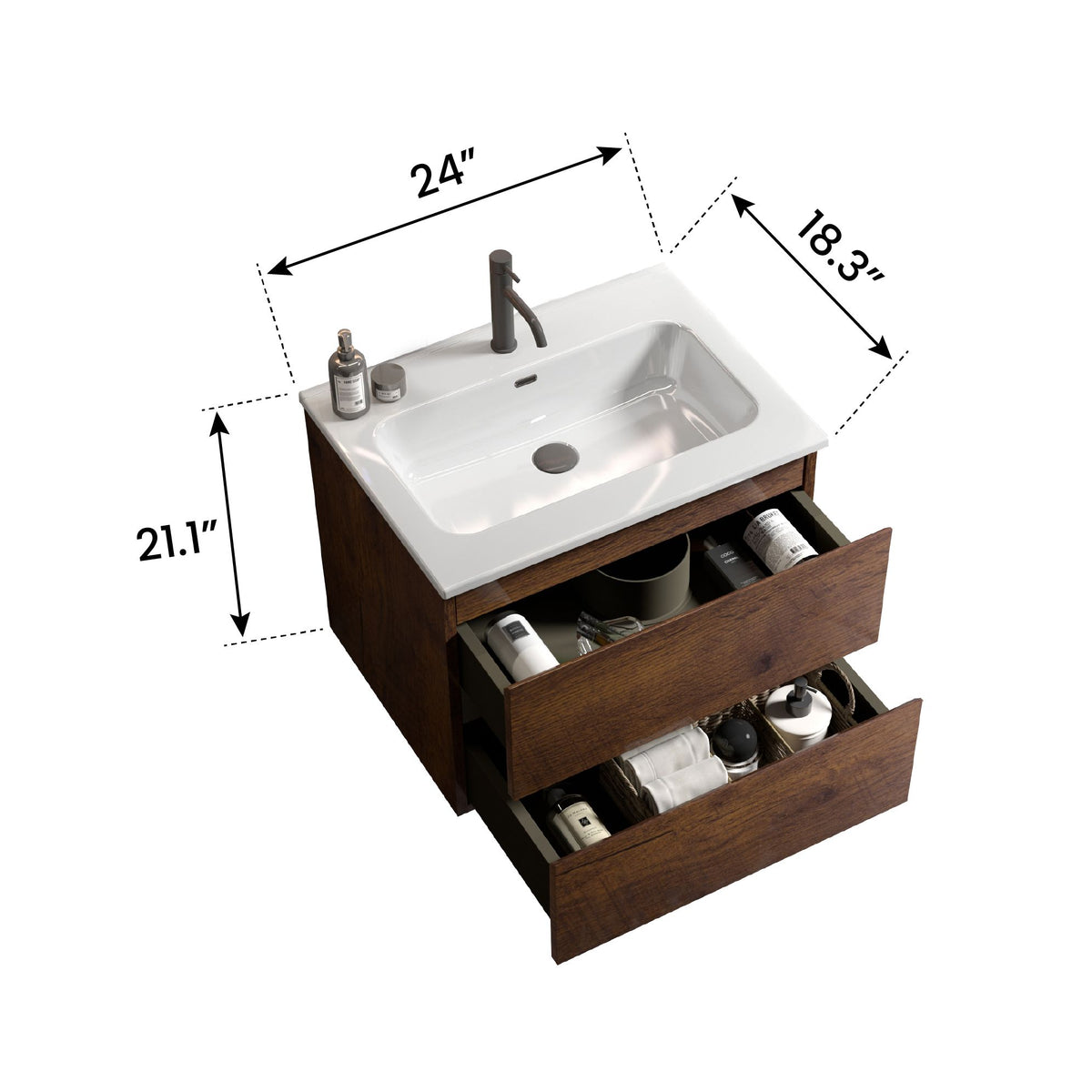 24- Wall-Mounted Walnut Bathroom Vanity with Ceramic Sink and Soft-Close Drawers