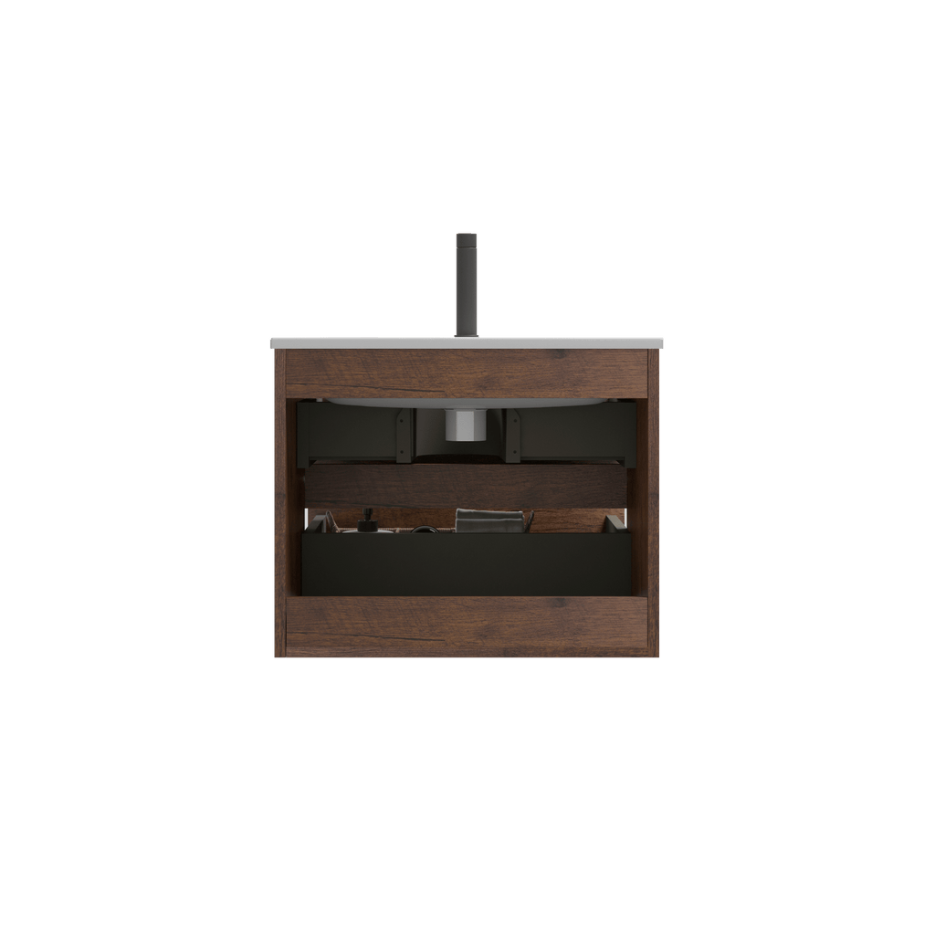 24- Wall-Mounted Walnut Bathroom Vanity with Ceramic Sink and Soft-Close Drawers