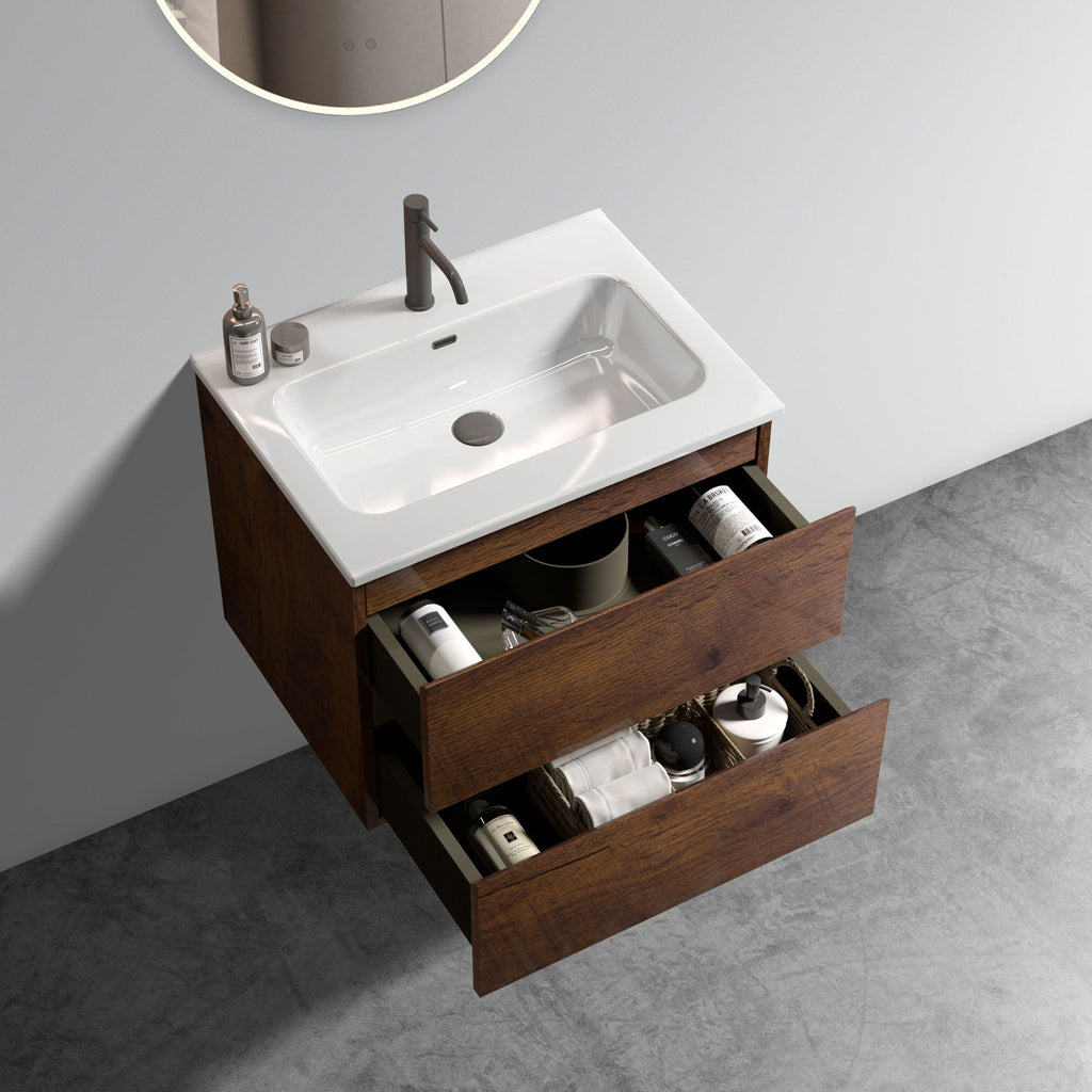 24- Wall-Mounted Walnut Bathroom Vanity with Ceramic Sink and Soft-Close Drawers