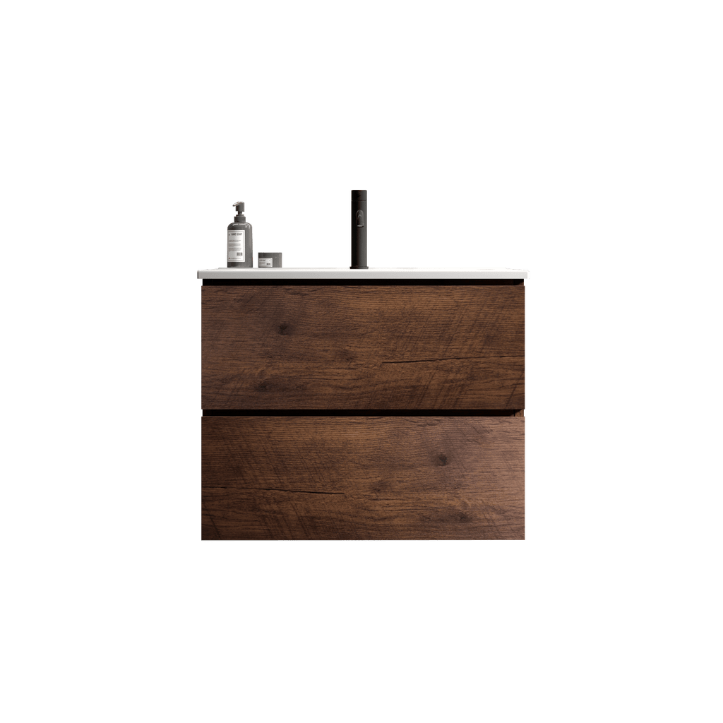 24- Wall-Mounted Walnut Bathroom Vanity with Ceramic Sink and Soft-Close Drawers