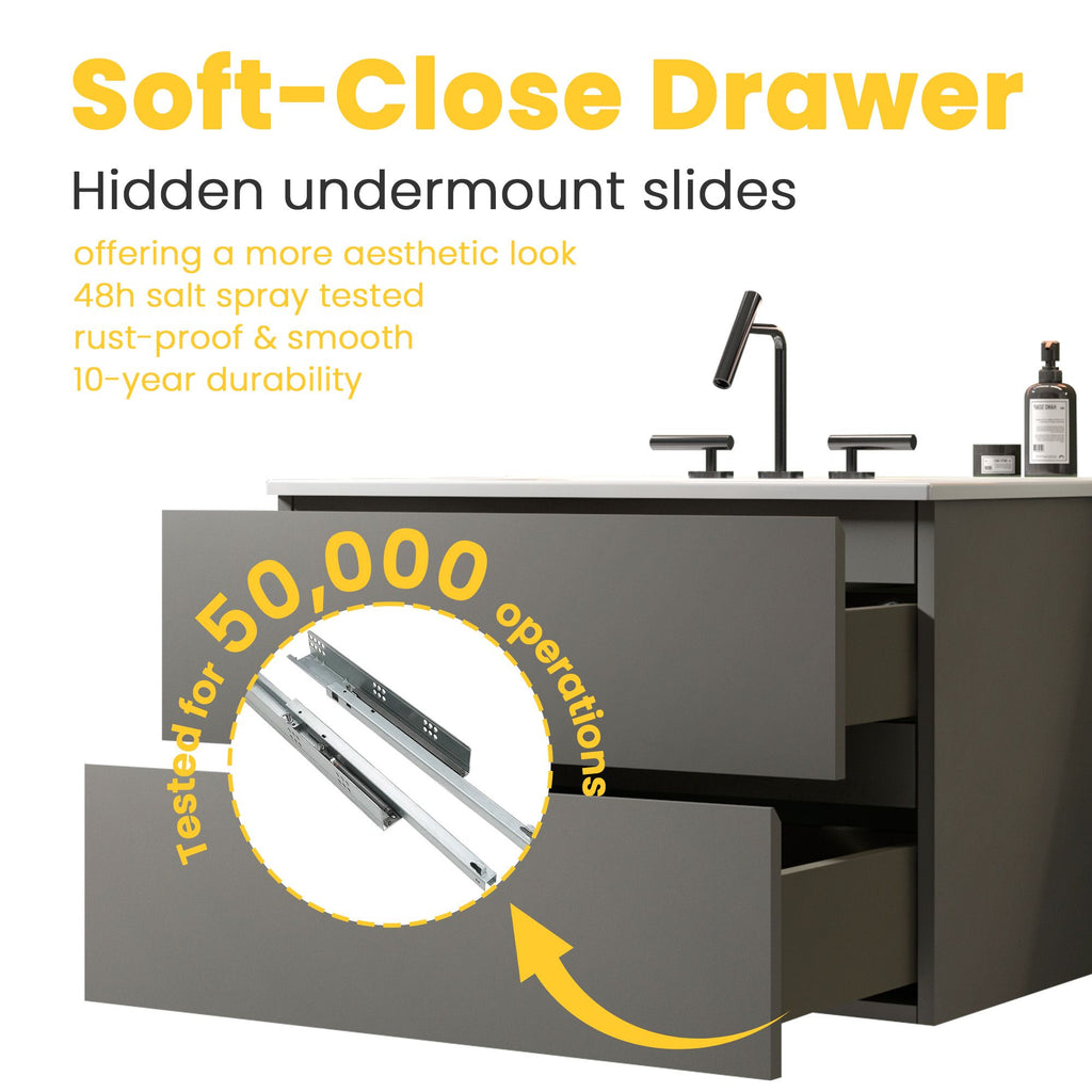 Space Grey Floating Bathroom Vanity with Soft-Close Drawers and Three Faucet Holes