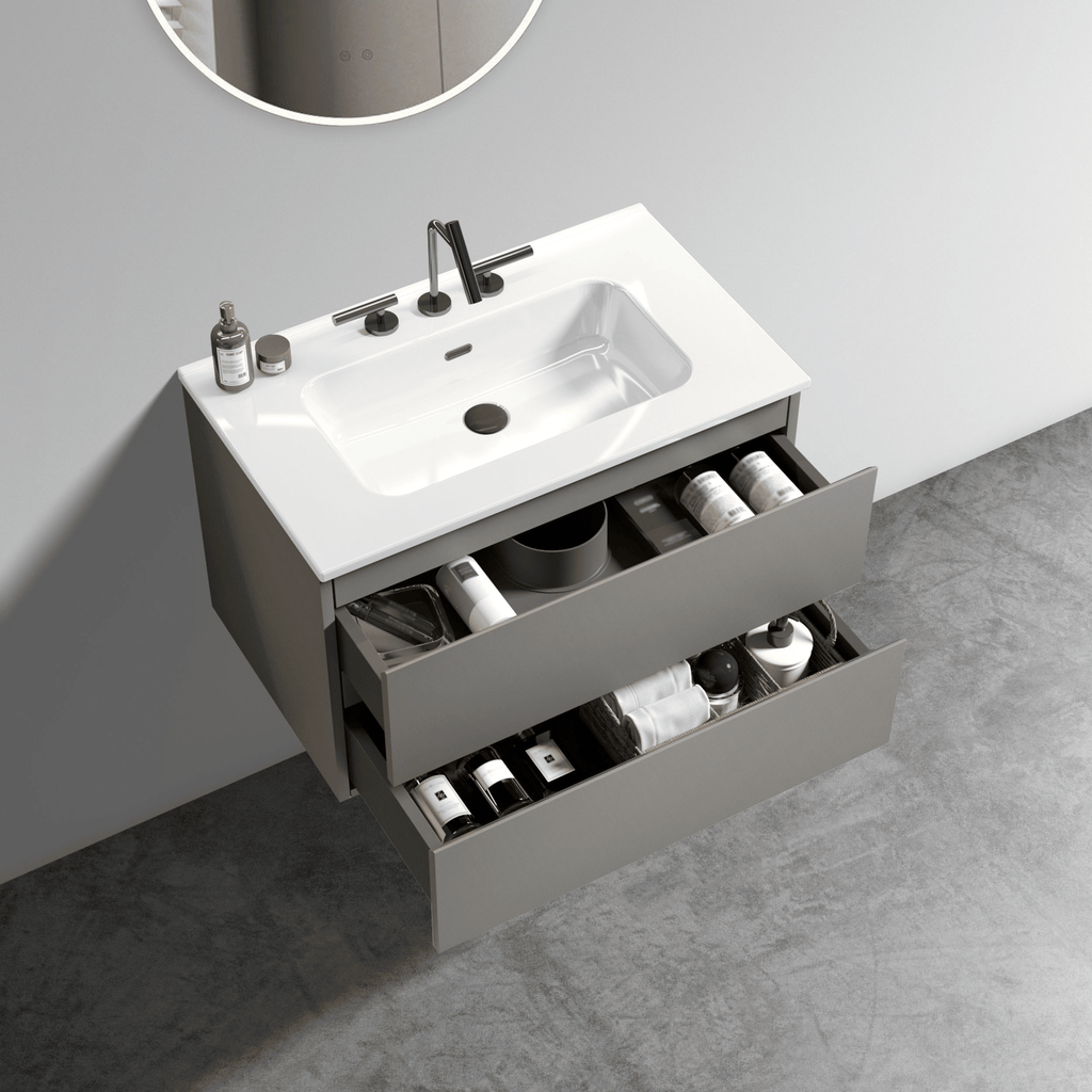 Space Grey Floating Bathroom Vanity with Soft-Close Drawers and Three Faucet Holes