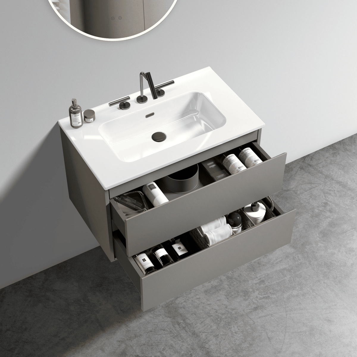 Space Grey Floating Bathroom Vanity with Soft-Close Drawers and Three Faucet Holes