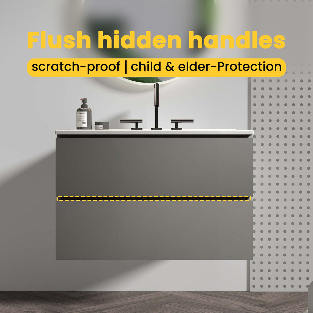Space Grey Floating Bathroom Vanity with Soft-Close Drawers and Three Faucet Holes