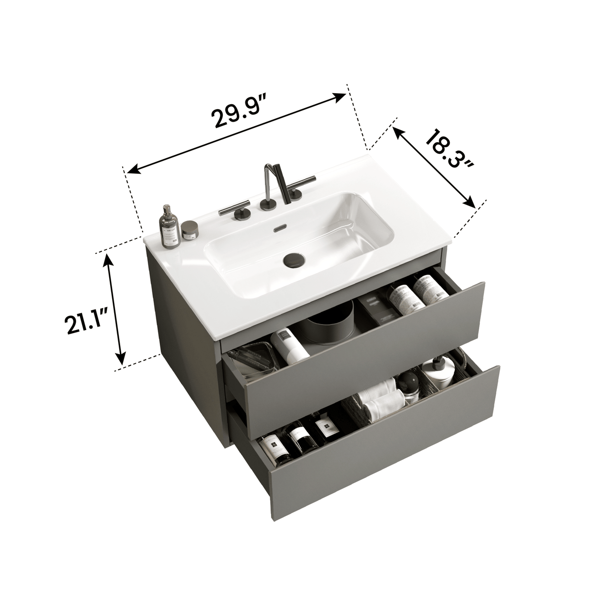 Space Grey Floating Bathroom Vanity with Soft-Close Drawers and Three Faucet Holes