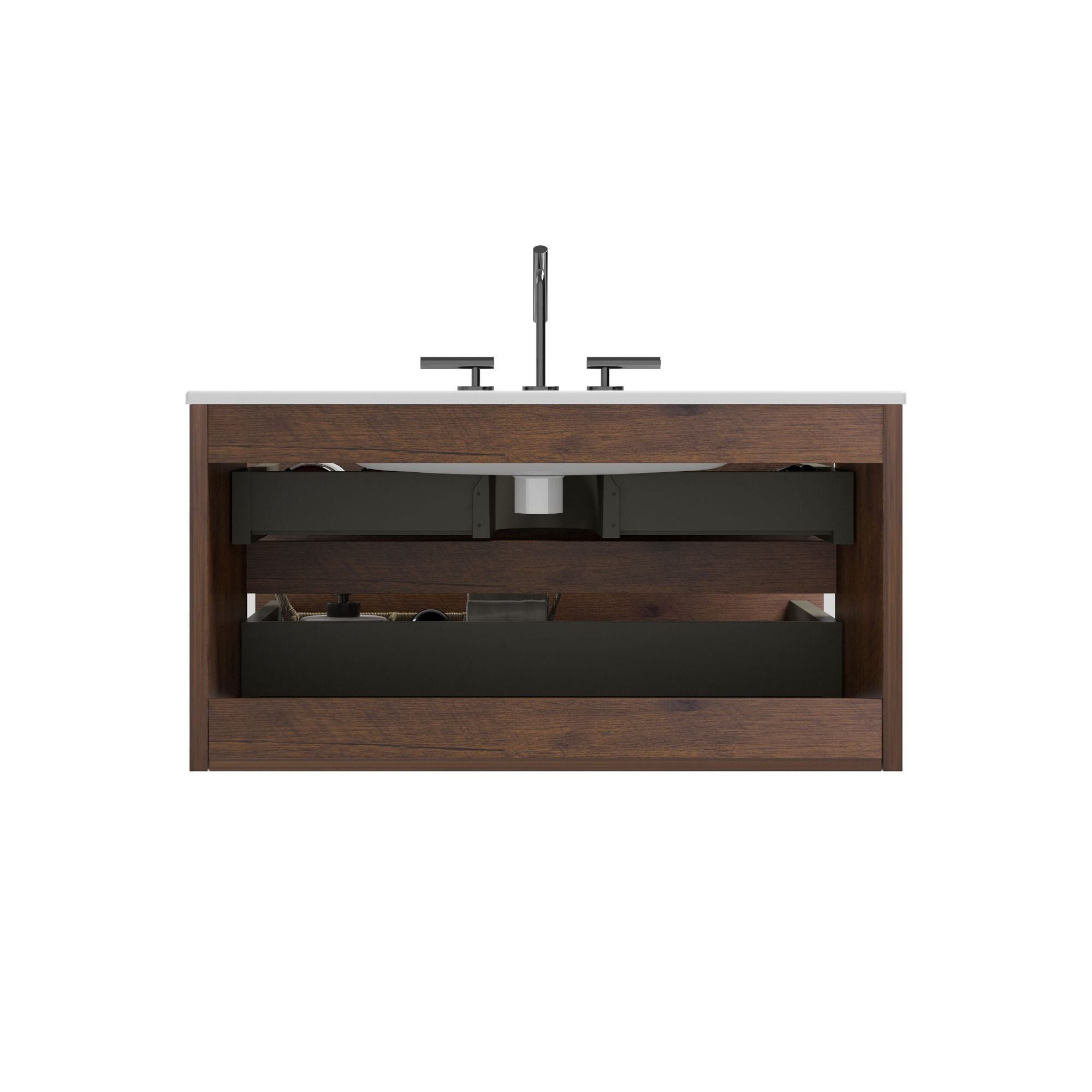 Wall Mount Walnut Bathroom Vanity with Ceramic Sink and Soft-Closing Drawers
