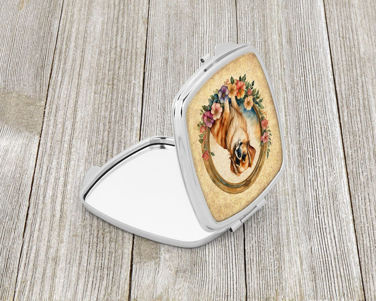 Tibetan Spaniel and Flowers Folding Compact Mirror