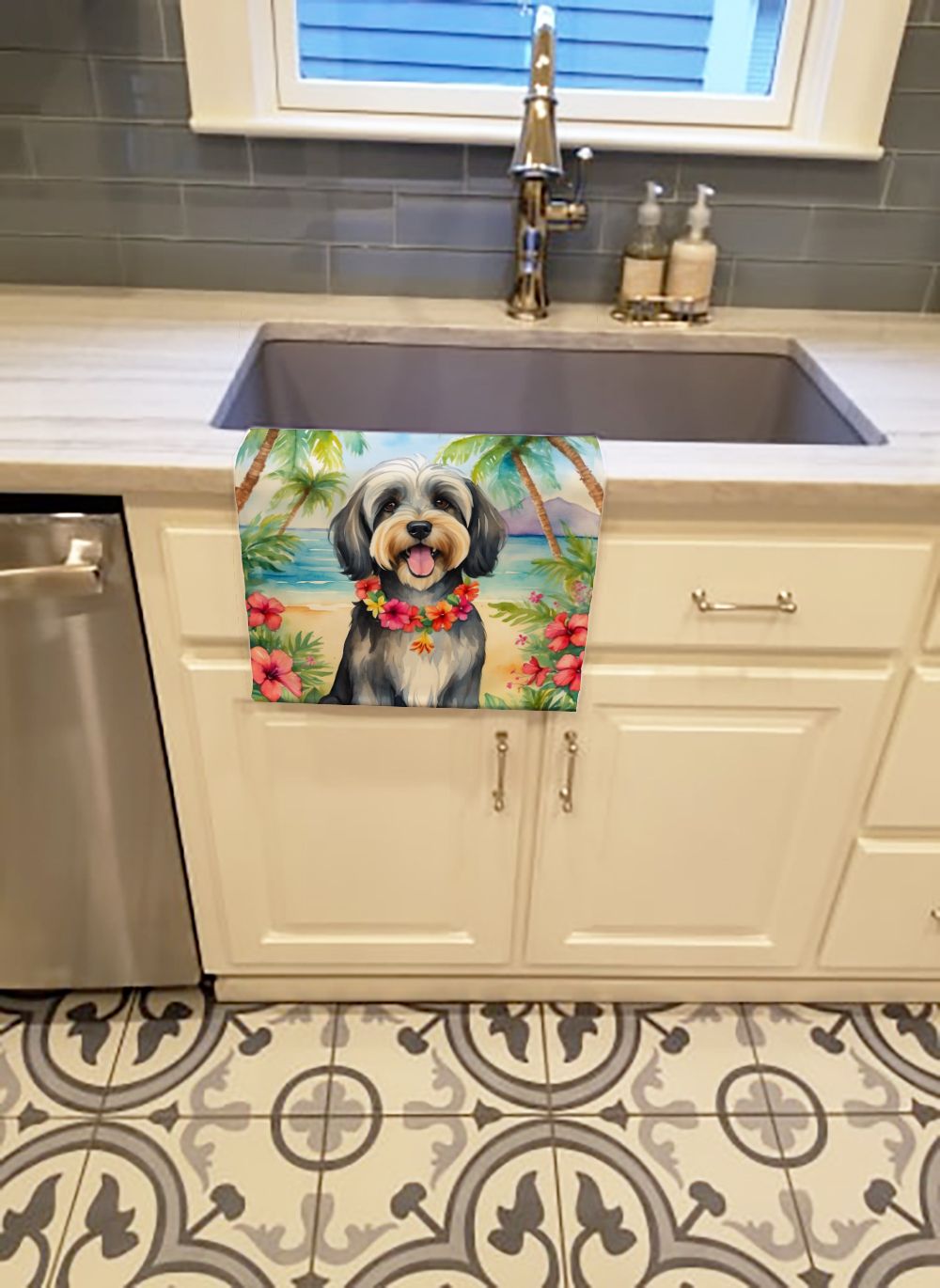 Tibetan Terrier Luau Dual-Sided Kitchen Towel