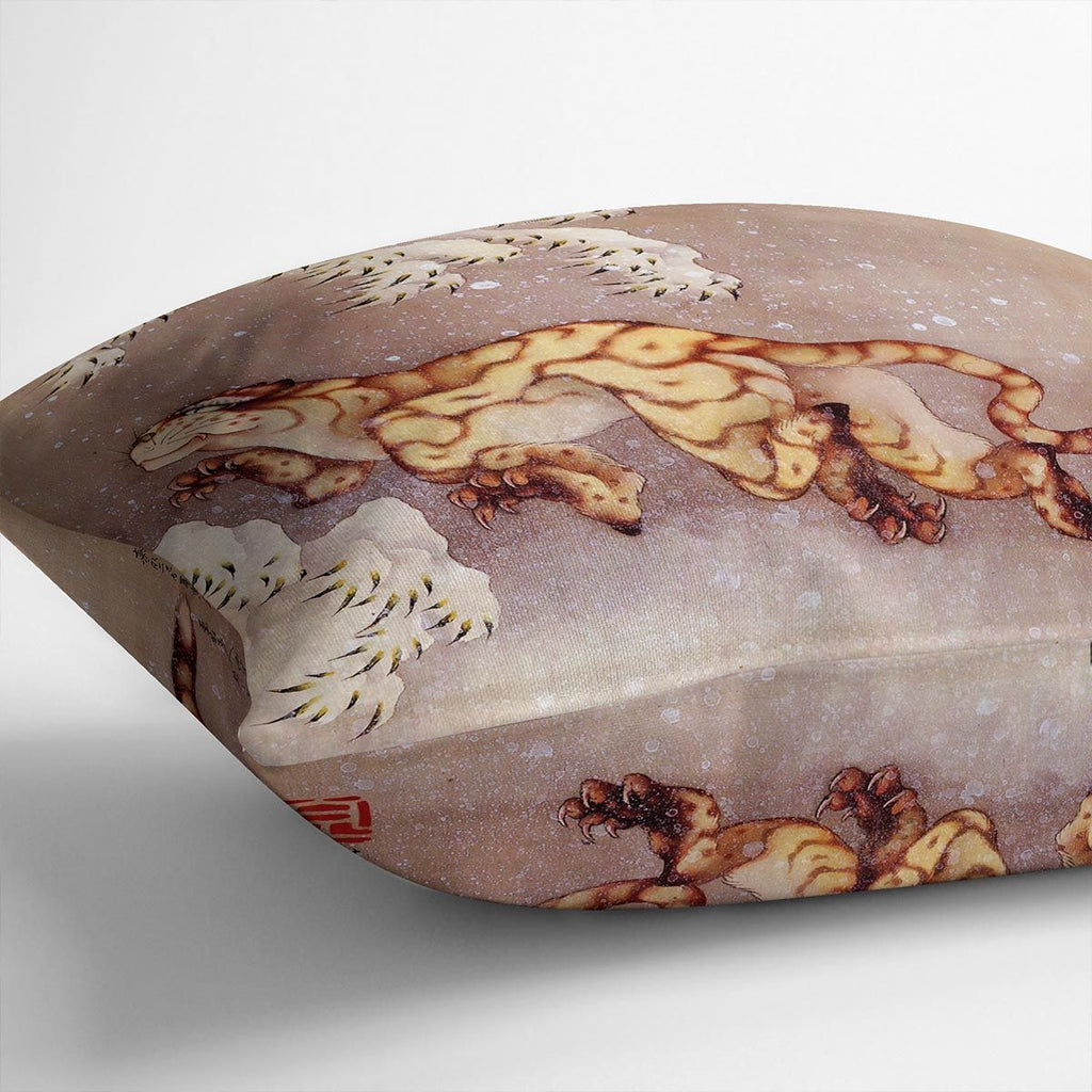 Tiger in the snow by Hokusai Cushion