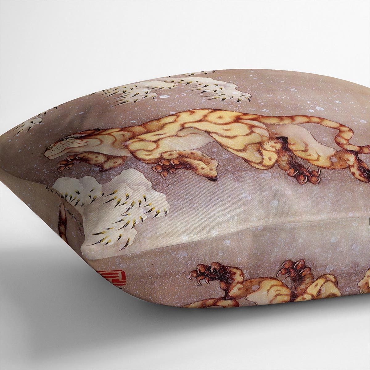 Tiger in the snow by Hokusai Cushion