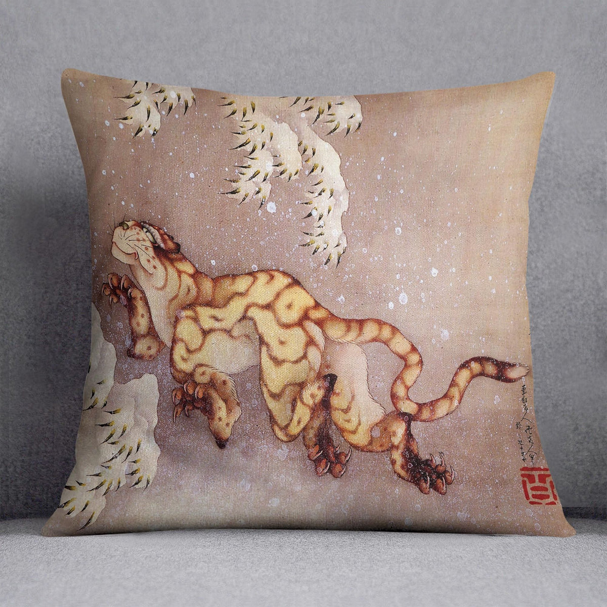 Tiger in the snow by Hokusai Cushion