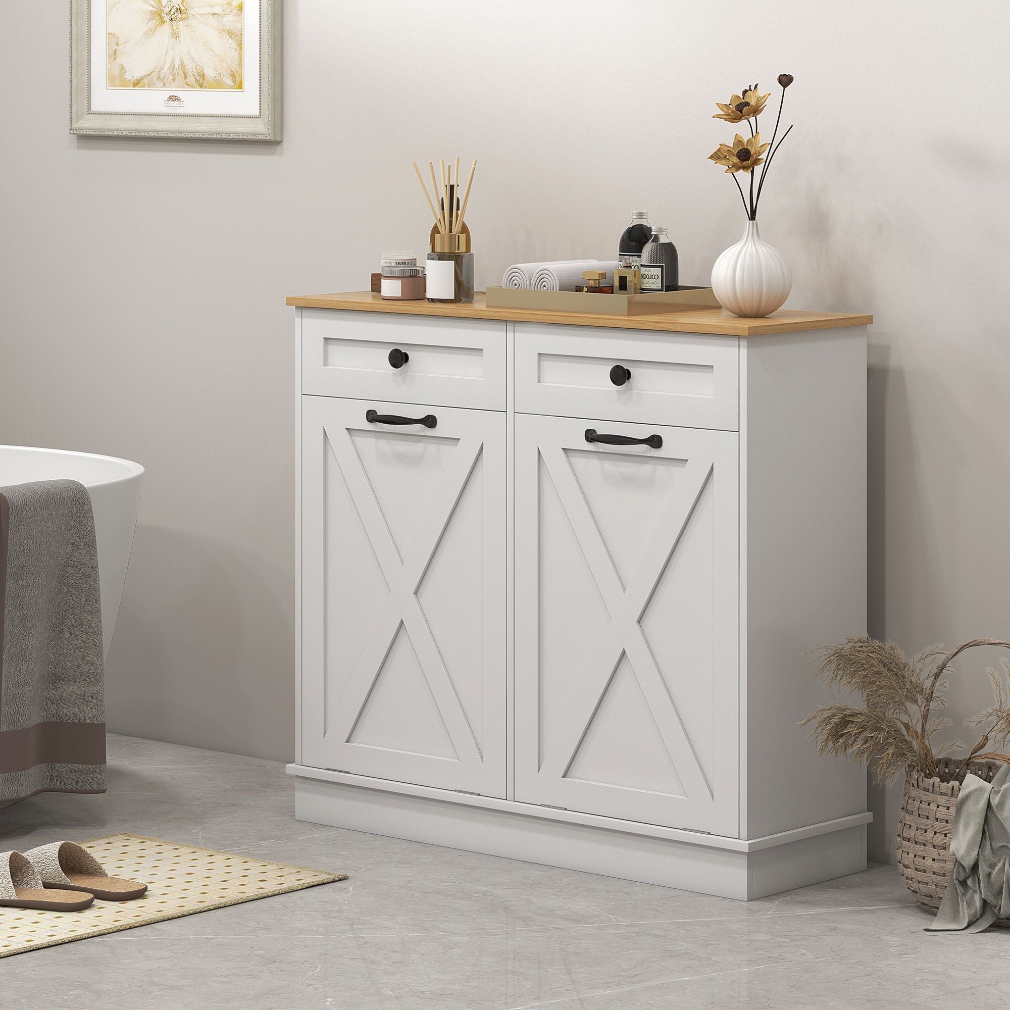 Tilt-Out Laundry Hamper Cabinet with Two Sorting Baskets