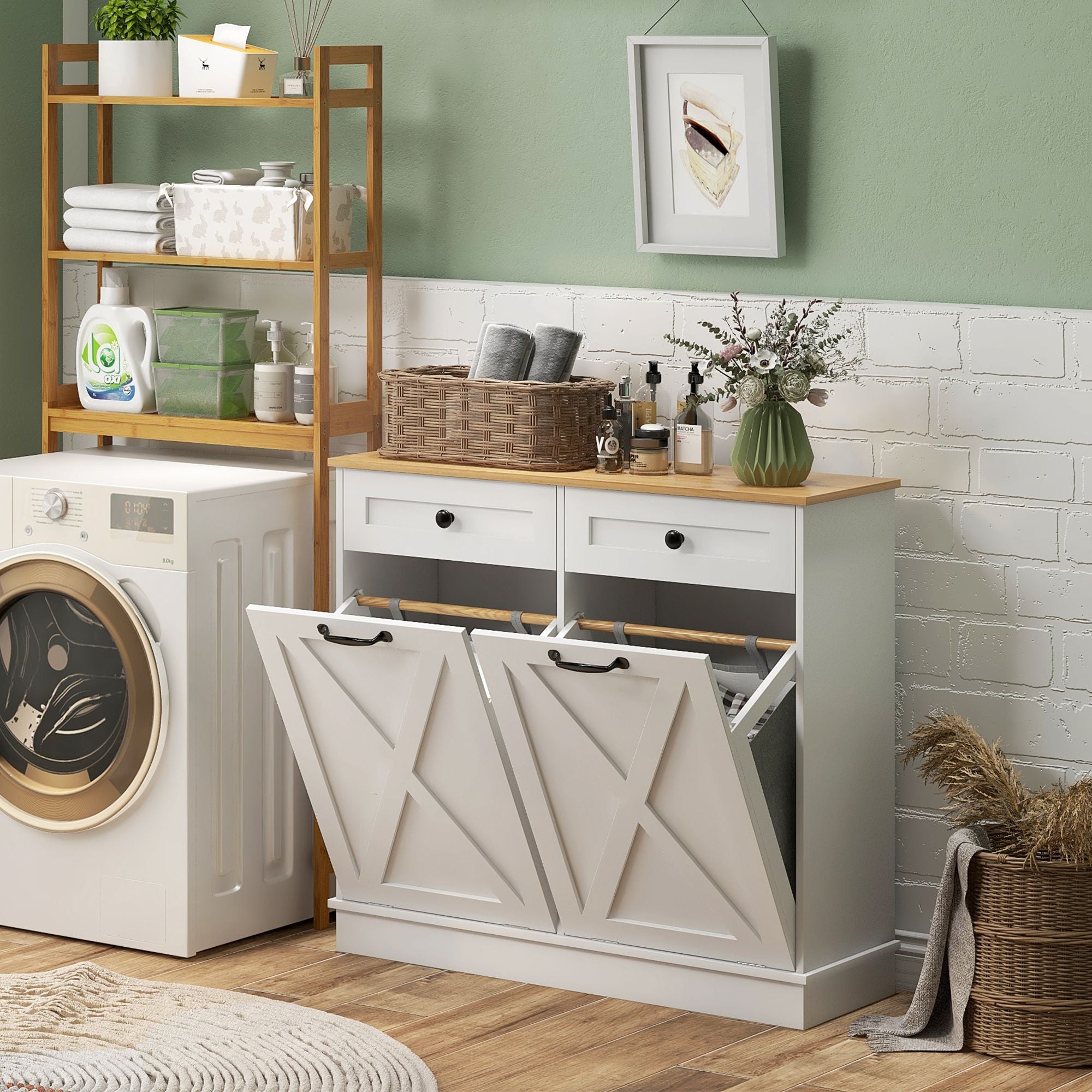 Tilt-Out Laundry Hamper Cabinet with Two Sorting Baskets