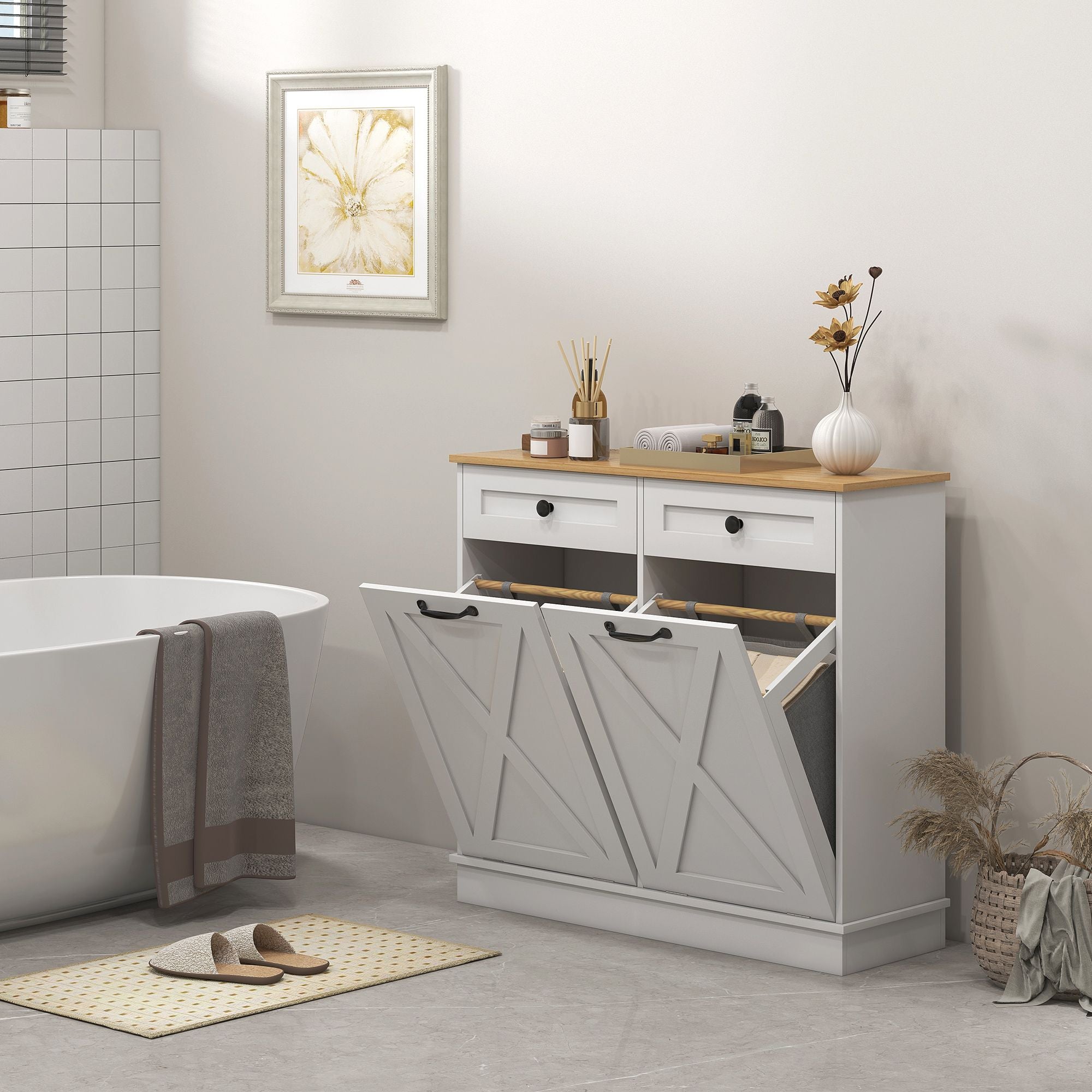 Tilt-Out Laundry Hamper Cabinet with Two Sorting Baskets