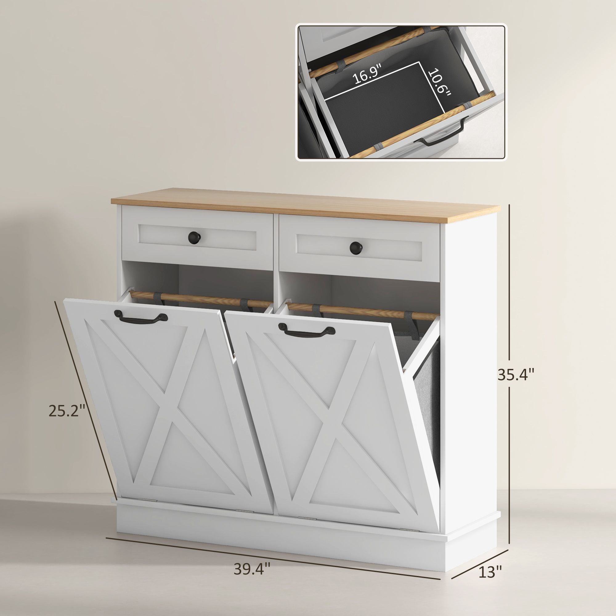 Tilt-Out Laundry Hamper Cabinet with Two Sorting Baskets