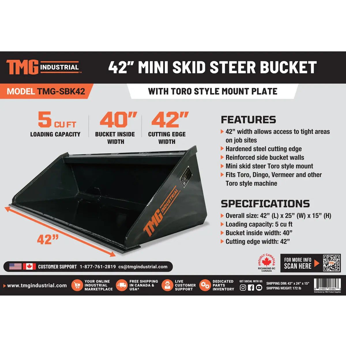 TMG-SBK42 Mini Skid Steer Bucket for Tight Job Sites
