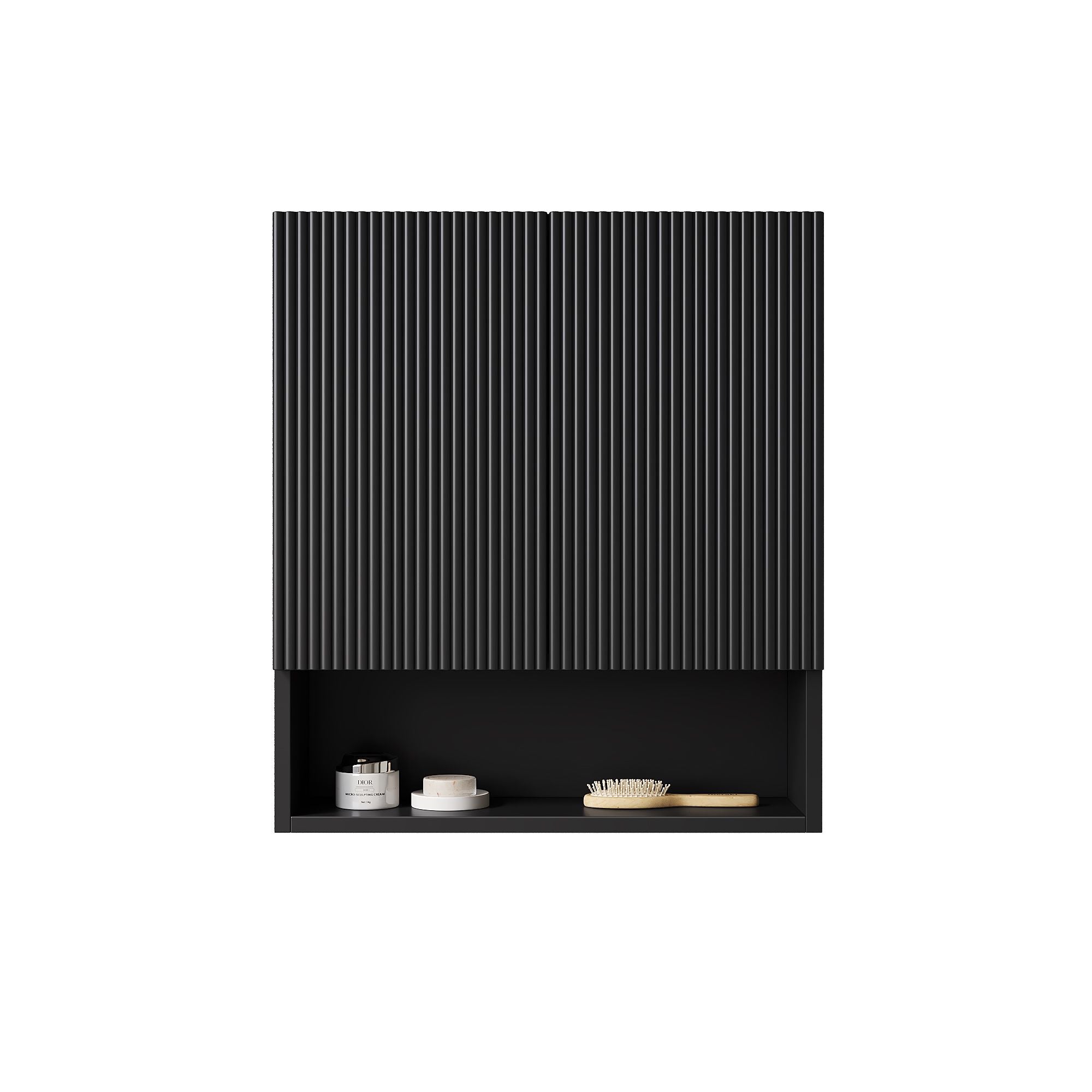 Wall-Mounted Bathroom Cabinet with Matte Black Finish, Two Doors, and Open Storage