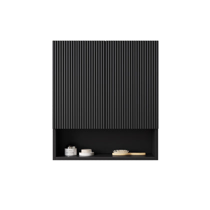 Wall-Mounted Bathroom Cabinet with Matte Black Finish, Two Doors, and Open Storage